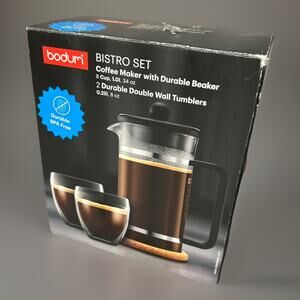Bodum Bistro Set French Press Coffee Maker 34oz W/ 2 Double Wall Tumblers 8oz